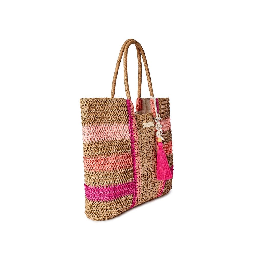 Time and Tru Women's Raffia Bondi Tote Bag Shocking Pink Multi color beach bag